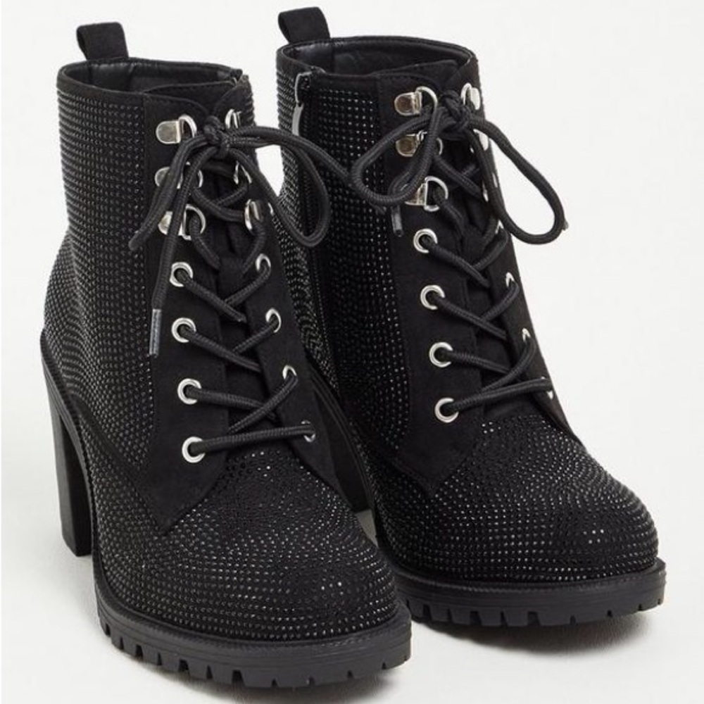 torrid Black Rhinestone Lace-Up Chunky Heel Ankle Boots